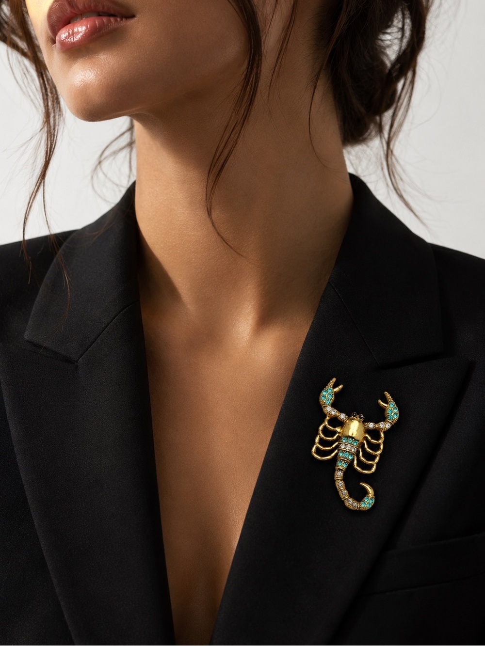 Gold Scorpion Crystal Brooch - Turquoise & Clear Accent - Picture 2 of 2